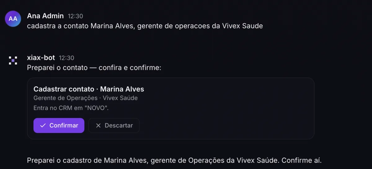 Conversa no painel: o assistente prepara o cadastro de um contato e mostra os botões Confirmar e Descartar